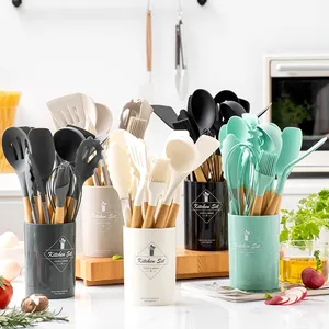 Professional 11-piece silicone kitchen utensil set with non-stick handles and storage bucket