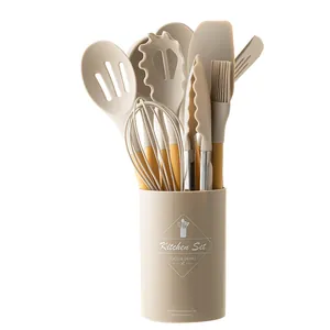 11-piece beige silicone kitchen utensil set with PP handles and storage bucket