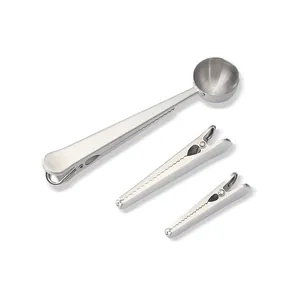 Stainless steel coffee scoop with sealing clip and professional separate bag clips set for kitchen