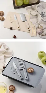 Folding cutting board drain basket set with integrated small knives and sheaths