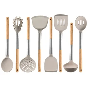 7-piece silicone kitchen utensil set with oak wood handles for non-stick cookware
