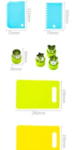 Detailed dimensions of kids' safety plastic kitchen tools including scrapers and boards