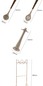 Detailed dimensions of silicone cooking ladle, slotted spoon, and rose gold storage rack.
