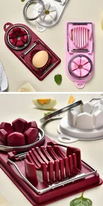 Primer plano de cortador de huevos multifuncional con hilos de acero inoxidable.