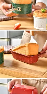 Detail view of non-stick carbon steel cake pans with speckled finish in a home kitchen.