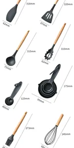 Detailed dimensions and sizes for variety of silicone kitchen utensils with wooden handles