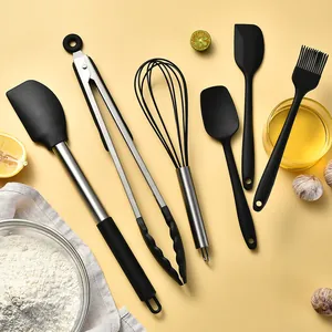 Kit d'ustensiles de cuisine 8 pièces en silicone noir résistant à la chaleur et inox