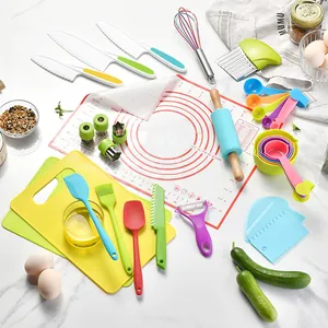 Comprehensive kids baking set with plastic knives, rolling pin, and non-stick silicone mat