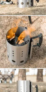 Close-up of stainless steel charcoal chimney starter in use with glowing coals outdoors.
