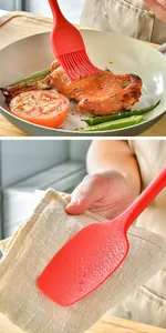 Close-up detail of a red silicone oil brush and spatula with water droplets for baking