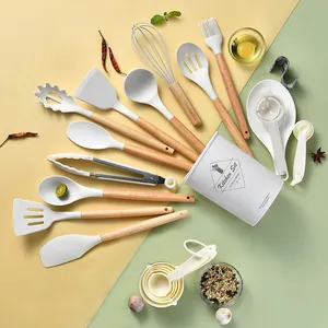Modern Minimalist Silicone Kitchen Utensil Set With Wood Handle Non Stick Heat Resistant Cooking Spoon Spatula Storage Bucket