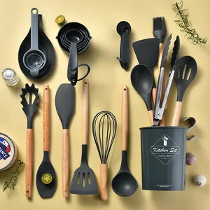 34pcs silicone kitchen utensil set with wood handles and storage bucket