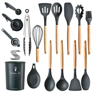 Professional grey silicone kitchen utensil set with wooden handles and storage bucket