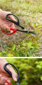 Primo piano di forbici da giardino in acciaio inox che tagliano steli di piante verdi