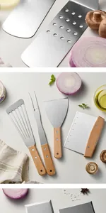 Detailed view of the professional 4-piece stainless steel teppanyaki tool set with wood handles.
