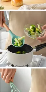 Vista detallada de utensilios de cocina de silicona con mangos de madera.
