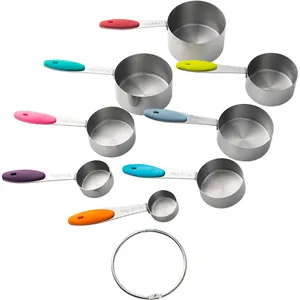8-piece stainless steel measuring cups set with colorful silicone handles for baking