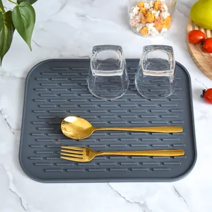 Durable grey silicone dish drying mat for kitchen counter with anti-slip stripe design