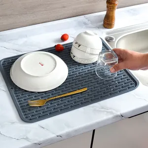 Rectangular gray silicone dish drying mat for kitchen countertop drain and heat resistance