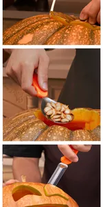 Close-up showing the use of a pumpkin scoop and carving tool for Halloween DIY