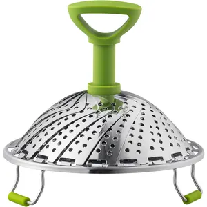 Panier vapeur pliable en acier inoxydable avec poignée verte pour légumes et fruits de mer