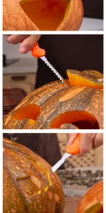 Detailed view of stainless steel carving tools in action on a Halloween pumpkin.
