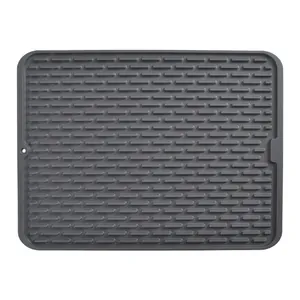 Durable rectangular grey silicone dish drying mat with anti-slip heat resistant drainage ridges