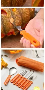 Detailed view of the 7-piece pumpkin carving tool set with orange handles and bag