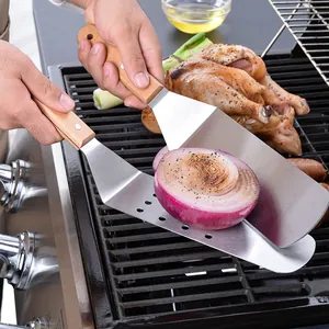 Wooden handle stainless steel griddle spatulas for BBQ grilling and cooking