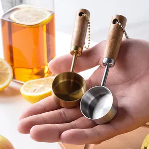 14ml gold and silver stainless steel measuring spoons with elegant wooden handles