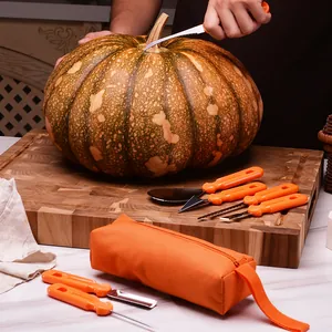 Professional 7-piece Halloween pumpkin carving tool set with orange storage bag for DIY