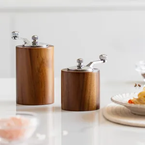 Portable manual wooden coffee and pepper grinder set with adjustable stainless steel crank