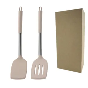 2-piece silicone spatula set with 430 stainless steel hollow handles and packaging