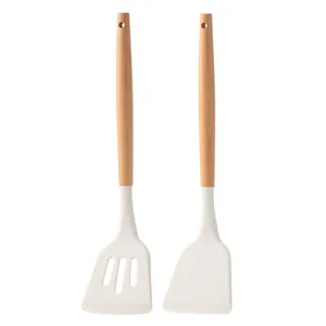 Two-piece silicone kitchen utensil set with natural wood handles for non-stick pans