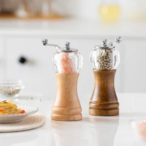 Manual wooden and acrylic spice grinder with adjustable coarseness for pepper and salt
