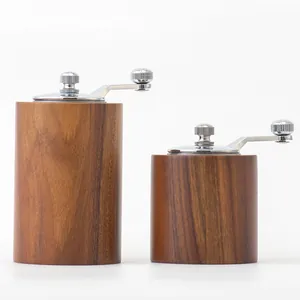 Portable manual wood grain coffee and pepper grinder with adjustable hand crank mechanism