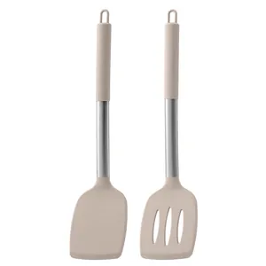 Set de 2 ustensiles de cuisine en silicone avec manches en acier inoxydable, beige crème