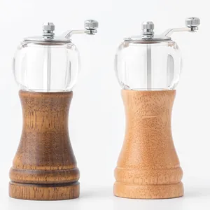 Manual wood and acrylic pepper spice grinder set in two natural finishes