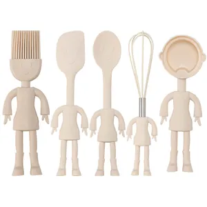 Whimsical 5-piece beige silicone baking tool set with creative humanoid doll shapes