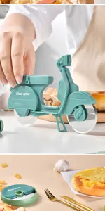 Detail showing the motorcycle-shaped pizza cutter wheel with a sharp stainless steel blade.