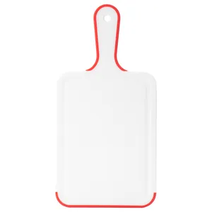 Portable white PP plastic cutting board with red non-slip edges and handle for kitchen