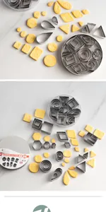 Comprehensive 24-piece stainless steel geometric cookie cutter set with round storage tin