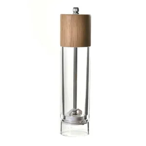 Premium acrylic transparent pepper grinder with a natural wooden lid for kitchen seasoning