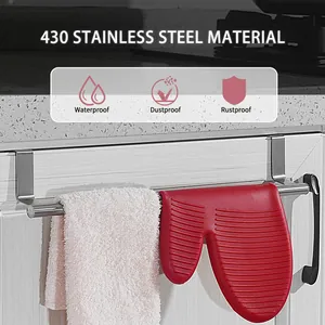 Detail view of 430 stainless steel over cabinet towel rack with red silicone oven mitt
