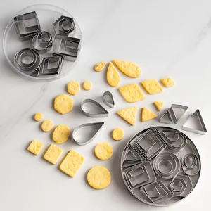 24-piece stainless steel geometric cookie cutter set with round metal storage tin box
