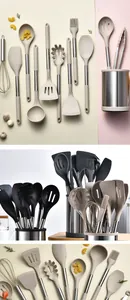 Detail view of the 12-piece silicone kitchen utensil set with premium stainless steel handles