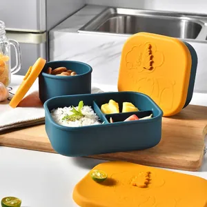 Portable leakproof silicone bento lunch box set with panda embossed lids for outdoor picnic