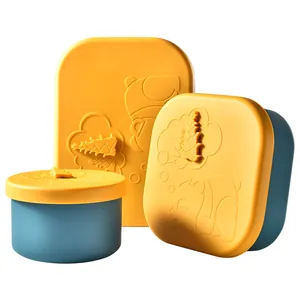 Portable silicone lunch box set with three sizes and cute embossed panda lids