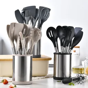 11-piece heat-resistant silicone kitchen utensil set with stainless steel storage
