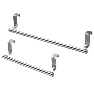 Detail view of two different sized stainless steel towel racks for cabinet doors